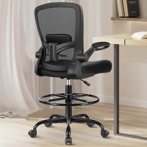 KERDOM - High Back Drafting Chair Ergonomic Tall Office Chair With Lumbar Support Breathable Mesh Painting Chair, Flip-up Armrest - Black-Front_Standard 