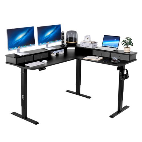 VEVOR - L Shaped Desk, Electric Adjustable Height Corner Gaming Desk with CPU Stands, Dual Hooks and Fabric Drawers - Black-Front_Standard 