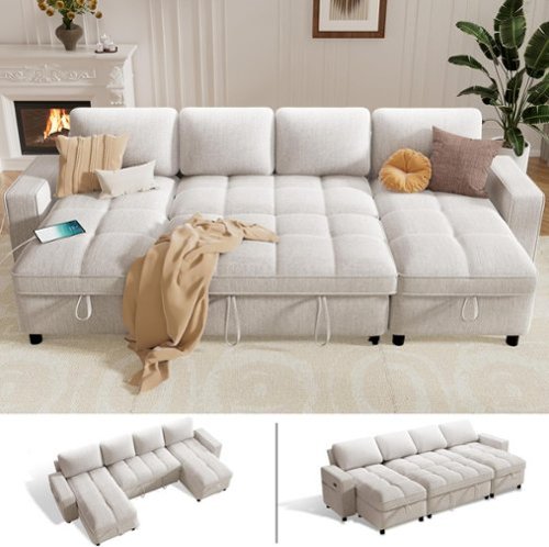 Dyonery - 108" 4 Seat Modular Sectional Sofa with USB Ports/Adjustable Backrest/2 Storage Seats,Beige - Beige-Front_Standard 