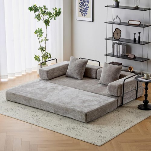 Trinkets Crazed - Convertible Floor Sofa Bed with Fixed-Shape Frame, Chenille Boneless Sofa Folding Mattress Couch with Armrest - light gray-Front_Standard 