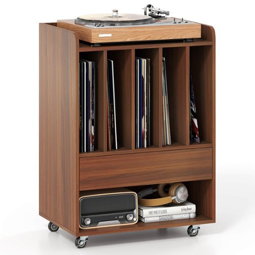Costway - Record Player Stand with Drawer & Record Holder,Lockable Wheels for Living Room - Walnut-Front_Standard 
