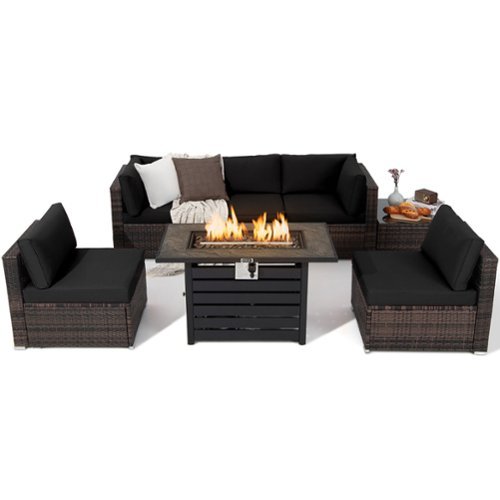 Gymax - 7PCS Patio Rattan Furniture Set 42'' Fire Pit Table w/ Cover Cushioned - Black-Front_Standard 