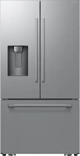 Front. Samsung - Bespoke AI 24 cu. ft. Counter Depth 3-Door French Door Refrigerator with Zero Clearance Fit & Sphere Ice - Stainless Steel.