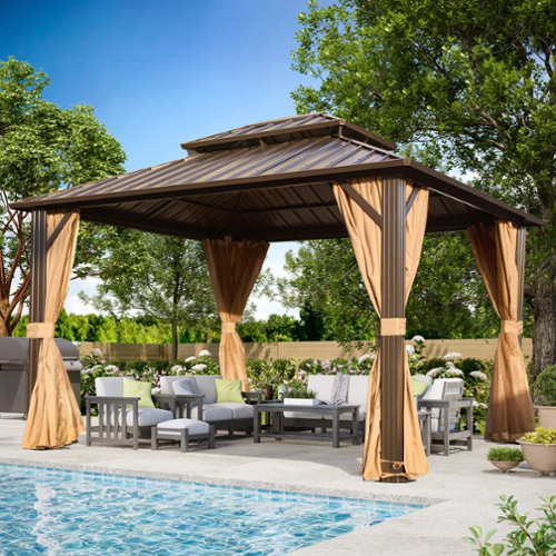 U-HOMY - Outdoor Hardtop Gazebo with Galvanized Steel Double Roof, Aluminum Frame, Curtains and Netting - Not provided-Front_Standard 