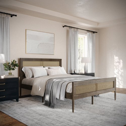 Martha Stewart - Jax Wooden Queen Platform Bed with Rattan Inset Headboard and Footboard-Brown Gray - Brown Gray
