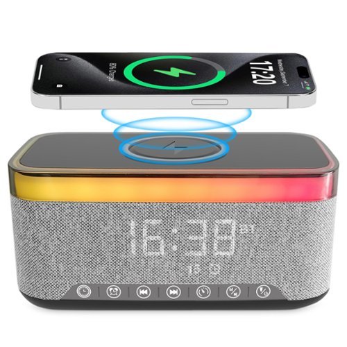 Alpha Digital - 10W Bluetooth Stereo Speaker-Alarm Clock, Wireless Charging, RGB light - Gray-Front_Standard 