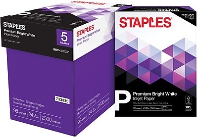 Staples - Premium Inkjet & Laser Paper, 8.5" x 11", 24 lbs., 500 Sheets/Ream, 5 Reams/Carton (733330) - Bright White