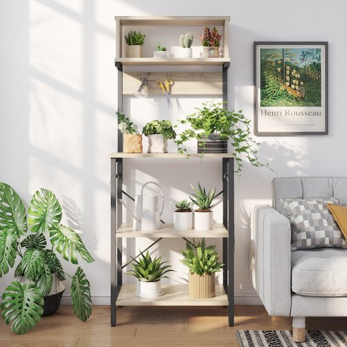 Bestier - Kitchen Baker's Rack with Hutch and 8 Side Hooks - Oak