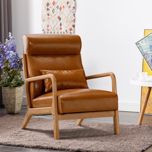 Bestier - Mid-Century Wood Accent Chair with High Back, Pillow, and Waist Cushion - Brown