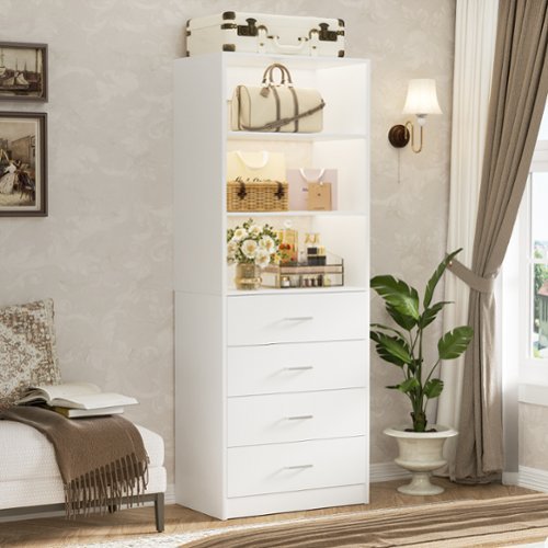 Aheaplus - 80'' Tall Bookcase with 4 Wooden Drawers, 21.3'' Wide Storage Unit with Adjustable Shelves - White-Front_Standard 