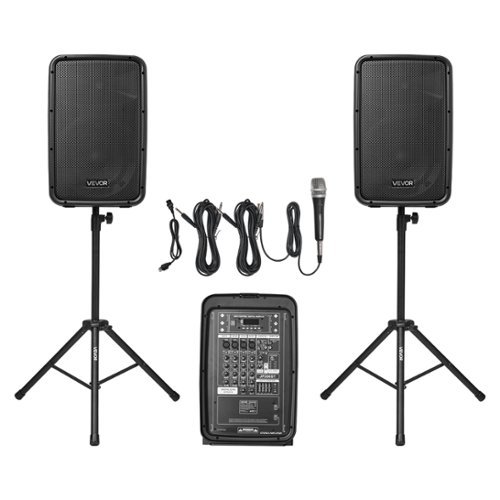 VEVOR - Portable PA System, 300W Powered, Sound System Set with 8 Channel Mixer, Dual Speakers, Wireless Bluetooth, Microphone - Black-Front_Standard 