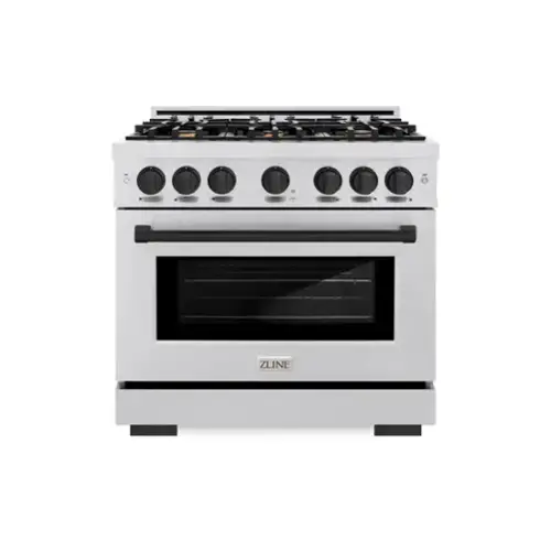 Front. ZLINE - ZLINE Autograph 36 in. Select Dual Fuel Satin Steel Range w/ 6 Burners & Black Accents (HDRSZ-36-MB) - Stainless Steel.