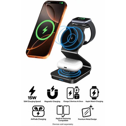 Open-Box: Energizer - 3-in-1 Metal 15W Magnetic MagSafe/Qi2 15W, Universal Charging Station/Stand for Phones + AirPods + Apple Watch - Black