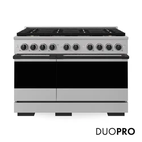 Front. ZLINE - Autograph 48 in. 6.7 cu. ft. Marino Freestanding DuoPro Dual Fuel Range with Convection Oven & Black Accents - Stainless Steel.