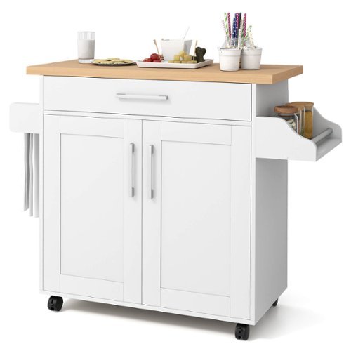Costway - Rolling Kitchen Island Cart Storage Cabinet w/ Towel & Spice Rack - White-Front_Standard 