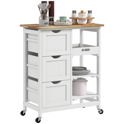 Homcom - Rolling Kitchen Island Cart, Bar Serving Cart, Compact Trolley on Wheels with Wood Top, Shelves & Drawers for Dining - White-Front_Standard 