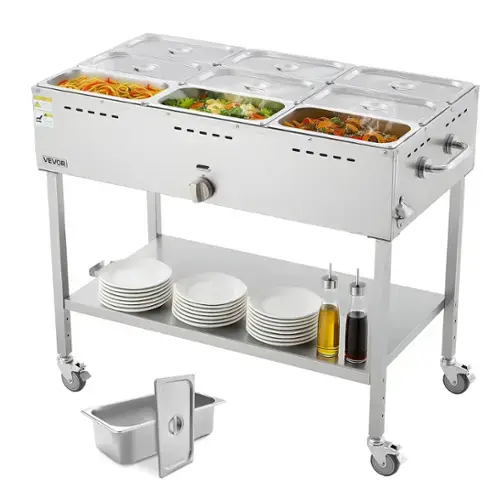 Front. VEVOR - 9-Pan Commercial Propane Steam Table, LP Gas Outdoor Soup Warmer with Drain Valve and 3" Wheels, Stainless Steel Warmer - Silver.