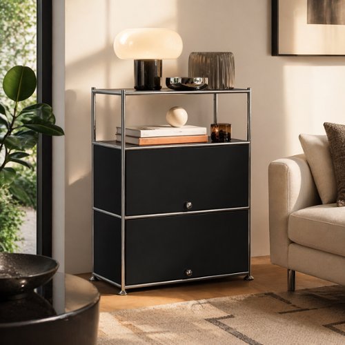 Malletson - 3 Tier Modular Metal Sideboard Storage Cabinet, Modern Grid-Style, for Dining Room, Living Room or Office - Black-Front_Standard 