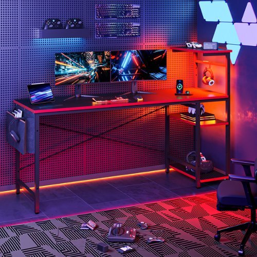 Bestier - Gaming Desk with LED Lights, Storage Shelves, and Side Bag - 61" wide - Black