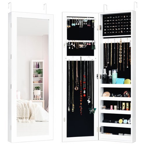 Costway Door Mounted Mirrored Jewelry Cabinet Storage Organizer - White
