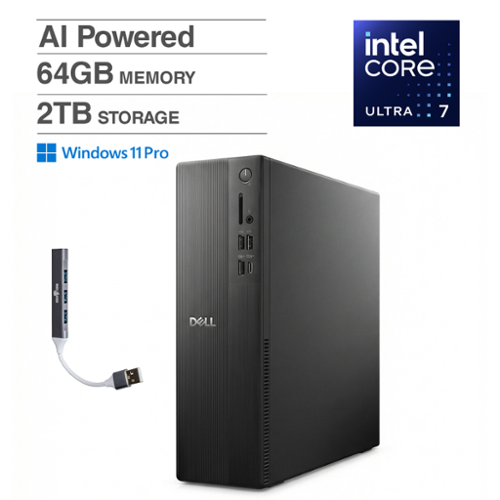 Dell - Slim ECS1250 Desktop (Intel Ultra 7-265, 64GB DDR5, 2TB PCIe SSD, Intel Graphics, Win 11 Pro) w/USB Hub - Black-Front_Standard 