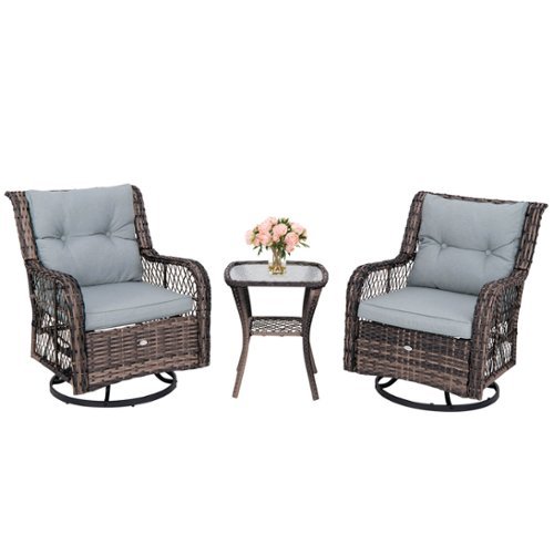 Costway - 3 PCS Patio Furniture Set Rocking Chairs Set of 2 with Glass Top Side Table - Mix Brown + Grey-Front_Standard 