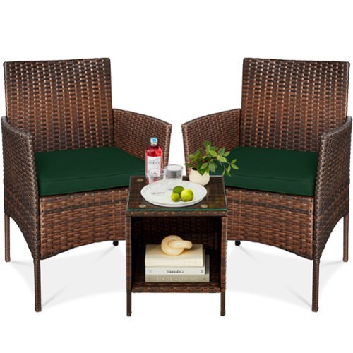 Best Choice Products - 3-Piece Outdoor Wicker Conversation Patio Bistro Set, w/ 2 Chairs, Table - Brown/Midnight Green-Front_Standard 