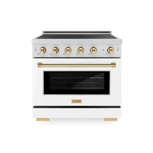 Front. ZLINE - Autograph 36 in. 5.2 cu. ft. Paramount Freestanding Induction Range with 5 Burners and Gold Accents with White Door - Matte White.