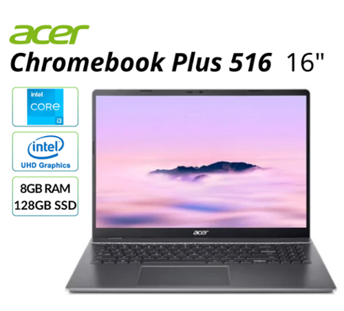 Acer - Refurbished Excellent - Chromebook Plus 516 16" WQXGA Laptop Intel i3-1315U 12-Core 8GB RAM 256GB SSD ChromeOS AI Webcam - Metallic Silver-Front_Standard 