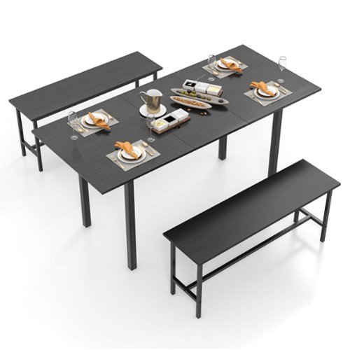 Costway 3 Piece Dining Table Set for 4-6  63"Kitchen Table with 2 Benches Metal Frame - Black