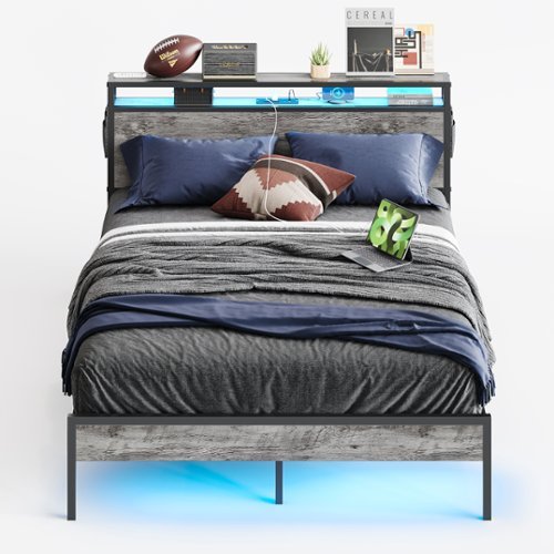 Bestier - Queen Size Bed Frame Platform Bed with Storage Headboard LED Lights and Charging Station - Gray-Front_Standard 