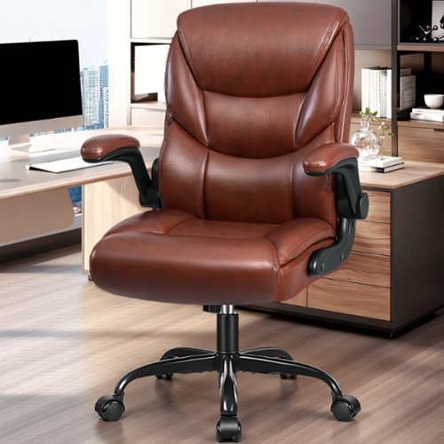 KERDOM - PU Leather Ergonomic Home Desk Chair, Tilt Swivel Mid Back Computer Chair Adjustable Height, Padded Flip-Up Armrests - Brown-Front_Standard 