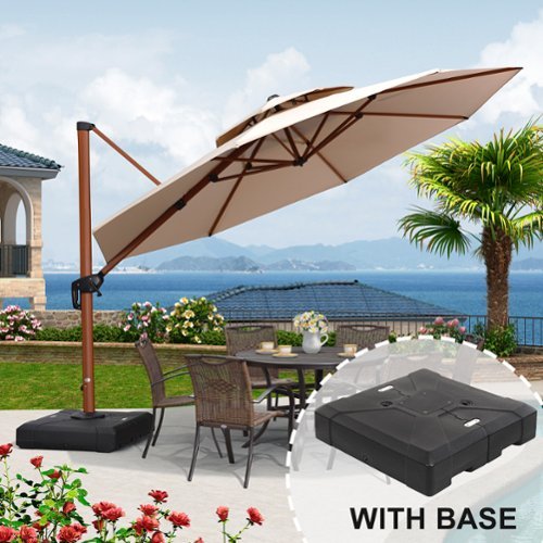 PURPLE LEAF - 12 ft. Patio Octagon Outdoor Large Cantilever Umbrella Windproof Offset Heavy Duty Sun Umbrella with Base for Garden - Beige-Front_Standard 