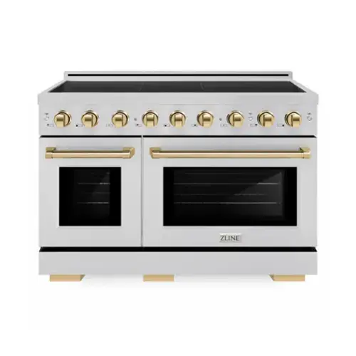 Front. ZLINE - Autograph 48 in. 6.7 cu. ft. Paramount Freestanding Induction Range with 7 Element Cooktop & Polished Gold Accents - Stainless Steel.