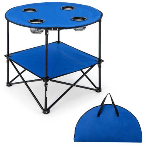 Costway 2-Tier Foldable Camping Table w/ Carrying Bag 4 Cup Holders for BBQ Camping - Blue+Black