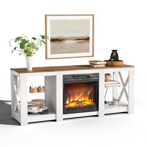 Winado - 59" Electric Fireplace TV Stand with Remoted 18" Fireplace Storage Cabinet Shelves for TVs Up to 65 inch - White & Barnwood-Front_Standard 