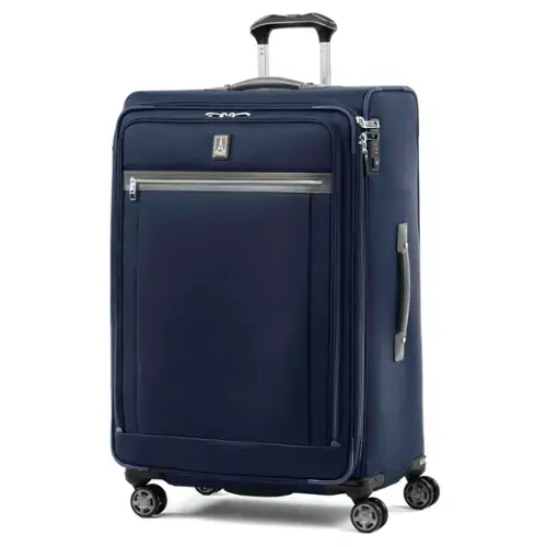 Front. Travelpro - Travelpro Platinum Elite Softside Expandable Checked Luggage, 8 Wheel Spinner Large Suitcase, TSA Lock, Men and Women - Dark Blue.