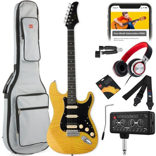 Best Choice Products - Beginner HSS Electric Guitar Kit w/ Headphone Amp, Gig-Bag, Headphones - Natural Flametop/Black-Front_Standard 