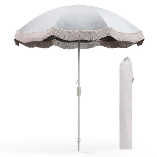 Costway - 6.5 FT Outdoor Fringe Patio Umbrella with Carrying Bag Push Button Tilt for Garden - White-Front_Standard 