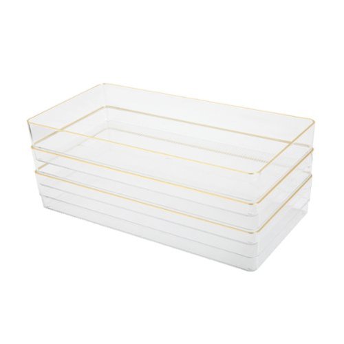 Martha Stewart - Kerry Set of 3 Plastic Stacking Desk Drawer Organizers with Gold Trim - 12 x 6 - Clear/Gold Trim-Front_Standard 