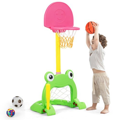 Costway - 3-in-1 Kids Basketball Hoop Set Adjustable Sports Activity Center w/Balls - Pink,Yellow,Green-Front_Standard 