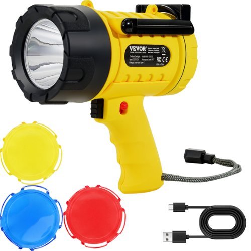 VEVOR - Rechargeable Spotlight Flashlight, 1000,000 Lumens, IP67 Waterproof Handheld LED Spot Light,Searchlight with 4 Modes - Black,Yellow-Front_Standard 
