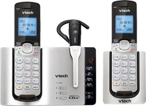  VTech - DS6671-3 DECT 6.0 Bluetooth Connect to Cell® Expandable Cordless Phone, 2 Handsets and 1 Cordless Headset - Black/Silver