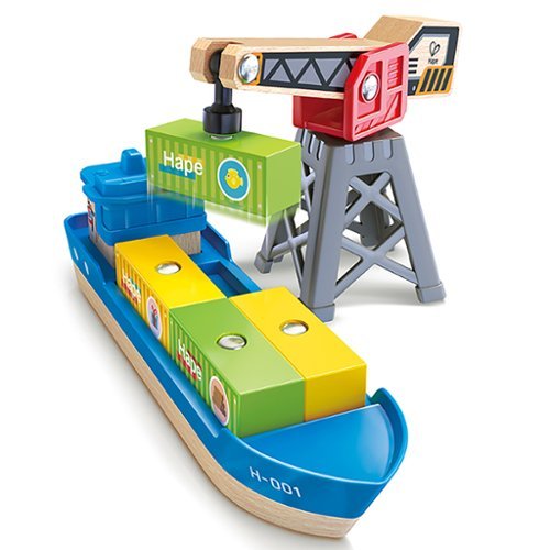 Hape - Hape: Cargo Ship & Crane - 6 pc Train Playset, Functional Crane,Ages 3+