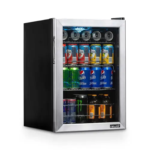 Front. NewAir - 90-Can Freestanding Beverage Fridge, Compact with Adjustable Shelves and Lock - Stainless Steel.