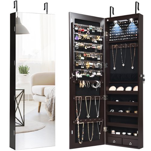 Costway - Mirrored Jewelry Cabinet Jewelry Organizer w/2 LED Lights - Brown-Front_Standard 
