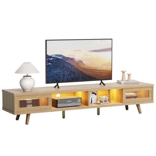 Bestier - 70" LED TV Stand Mid-Century Modern Gaming Entertainment Center with Sliding Glass Door - Natural Wood-Front_Standard 