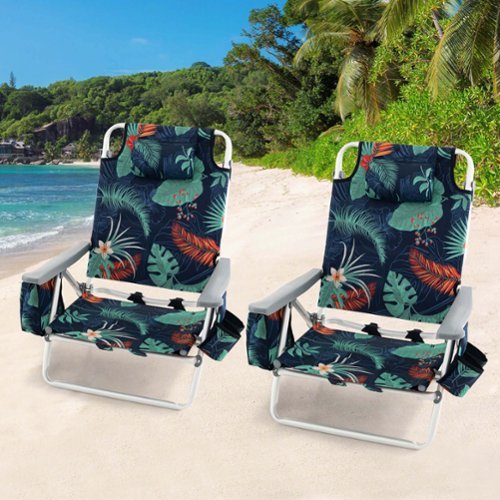 Costway 2-Pack Folding Backpack Beach Chair 5-Position Outdoor Reclining Chairs with Pillow - Dark Green