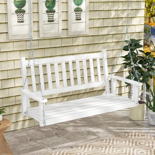 Costway 2-Person Wooden Outdoor Porch Swing Heavy Duty Patio Hanging Bench Chair - White