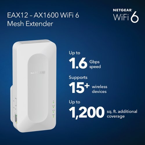 NETGEAR EAX12 AX1600 WiFi 6 Mesh Wall Plug Range Extender - White WORLDWIDE DELIVERY
